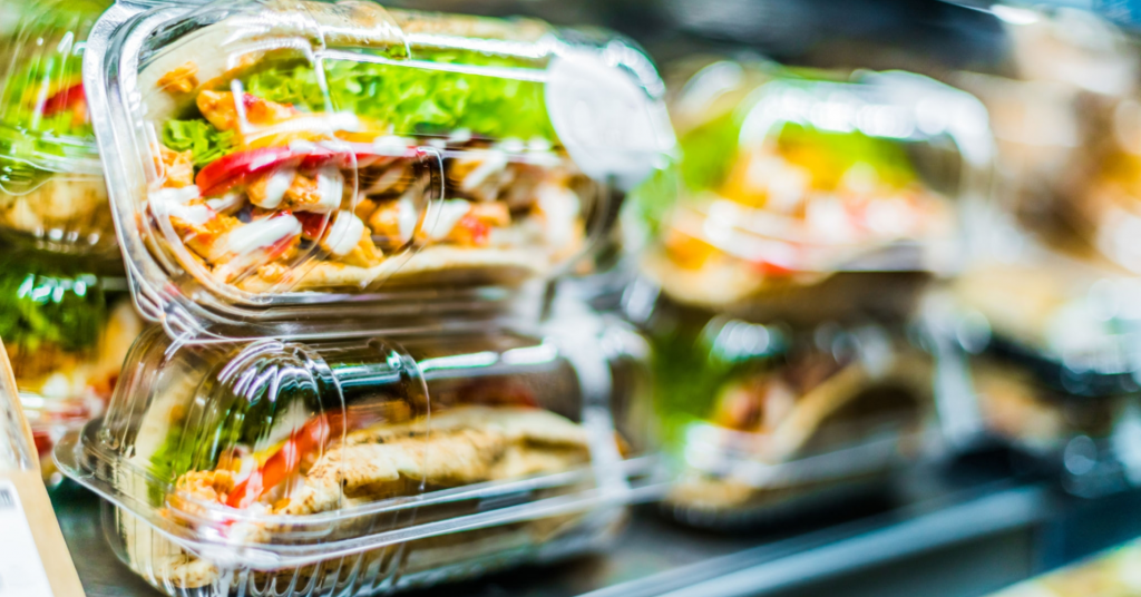 Sandwiches on display in commercial refrigerator