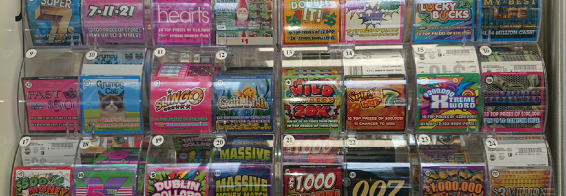 A wall of lottery tickets